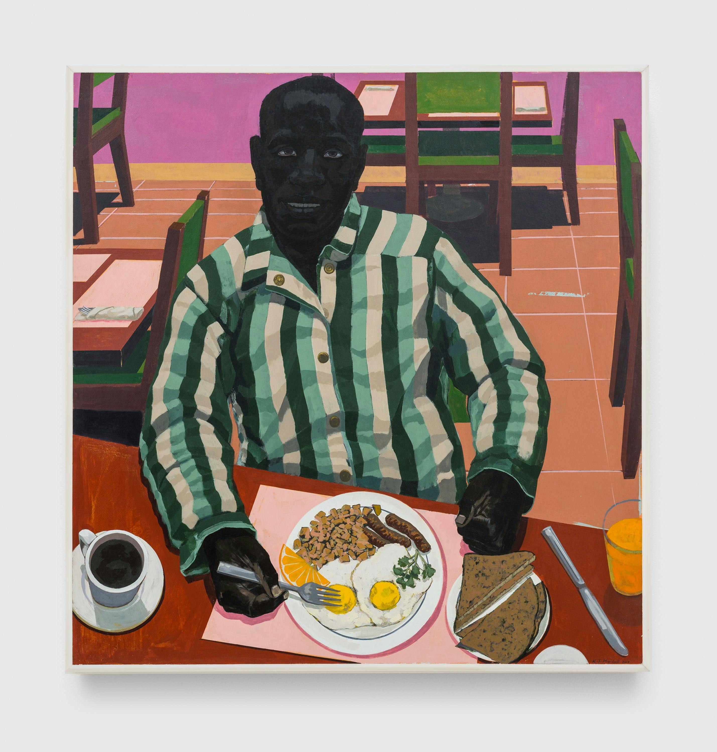 A painting by Kerry James Marshall, called Untitled (Two Eggs Over Medium, Sausage, Hash Browns, Whole Wheat Toast), dated 2017.